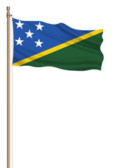 3D Flag of Solomon Islands on a pillar blown away isolated on a white background.