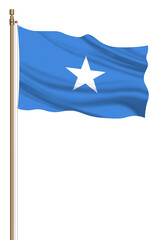3D Flag of Somalia on a pillar blown away isolated on a white background.