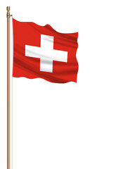 3D Flag of Switzerland on a pillar blown away isolated on a white background.