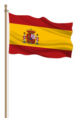 Obraz premium 3D Flag of Spain on a pillar blown away isolated on a white background.