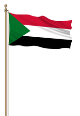 3D Flag of Sudan on a pillar blown away isolated on a white background.