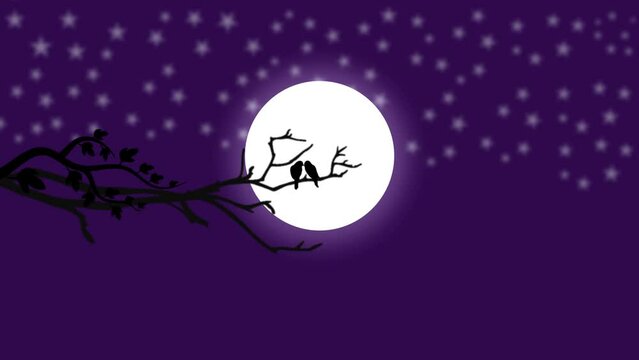 love birds sitting on a tree with full moon and dark night.