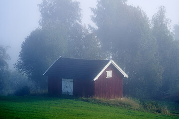 a red shed by the field a misty morning