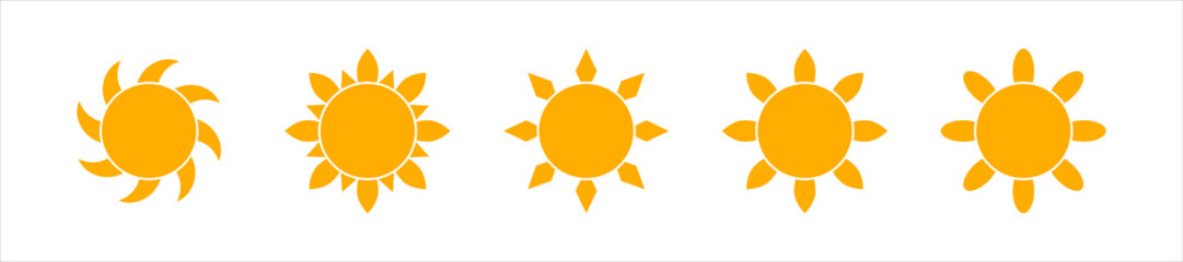 Sun icon set. Yellow sun star icons collection. Isolated on white background.