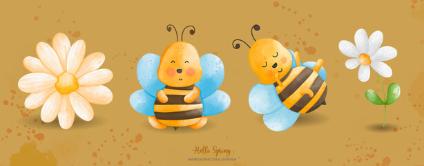 Watercolor Cute Bee and daisies, Digital paint watercolor illustration..