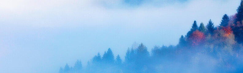 Autumn morning mountain landscape. Sunrise over the fog.