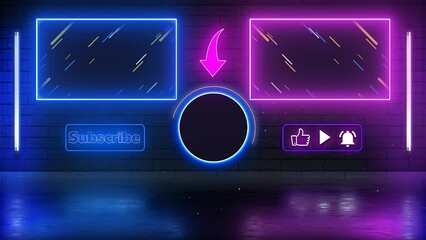 Blue and purple neon end screen. Subscribe button and outro for gaming and video channels