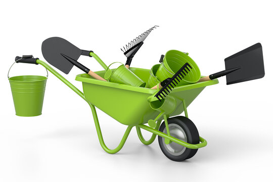 Garden wheelbarrow with garden tools like shovel, watering can and fork on white
