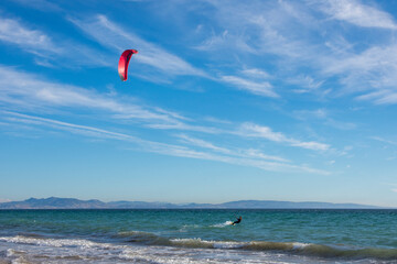 Kite-surfing. Many silhouettes of kites in the sky. Holidays on nature. Artistic picture. Beauty world. 