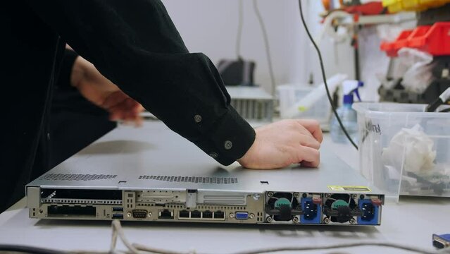 Ready-made assembly of a server, server hardware close-up, computer parts close-up, data center