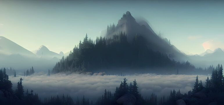Snowy mountains with clouds and trees. Digital art painting for book illustration,background wallpaper, concept art.