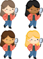 a vector of a girl peering through a magnifying glass