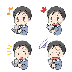 スマートフォンを使う大人の男性デフォルメイラスト4パターン