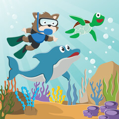 Obraz na płótnie Canvas Vector illustration of Little fox, dolphin and turtle diving in undersea adventure on a background of beautiful blue water