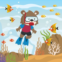 Vector illustration of Little fox diving in undersea adventure on a background of beautiful blue water