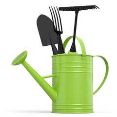 Obraz premium Watering can with garden tools like shovel, rake and fork on white background.