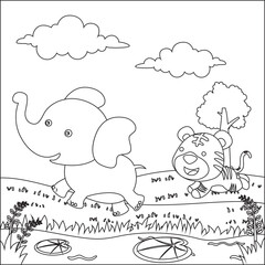 Elephant and tiger runs in Africa Funny Kid Graphic Illustration. Creative vector Childish design for kids activity colouring book or page.