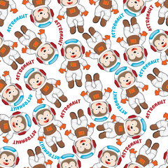 Childish seamless pattern with cute monkey astronaut on space. Can be used for t-shirt print, Creative vector childish background for fabric textile, nursery wallpaper and other decoration.