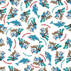 Seamless pattern texture with little fox swim in underwater. For fabric textile, nursery, baby clothes, background, textile, wrapping paper and other decoration.