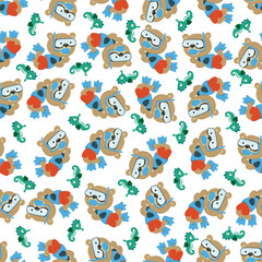 Fototapeta premium Seamless pattern texture with little bear swim in underwater. For fabric textile, nursery, baby clothes, background, textile, wrapping paper and other decoration.
