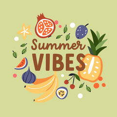 Summer fruit card with exotic tropical vitamin food. Fruity square background design with banana, pineapple, fig, pomegranate, mix of healthy sweet juicy natural eating. Flat vector illustration