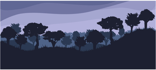 Silhouette of a forest with trees in lilac light with hills and hills. Vector stock illustration. Flat style. Plants. Nature. Wallpaper