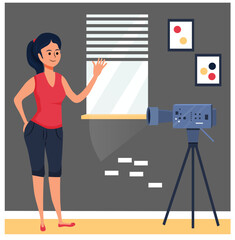 The girl stands in front of the camera and shoots a vlog. The character is flat. Vector stock illustration. Apartment and house. Social networks