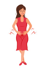 The girl suffers from cystitis and thrush. The character is flat. Drawing pain. White background. isolated. Illness for women. Gynecology