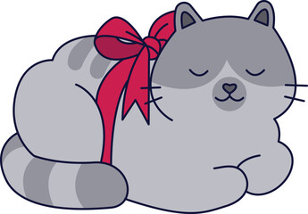 Cute kitten with a red ribbon. Christmas present cat with red ribbon. Cat with a bow.
