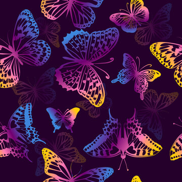 Butterfly pattern. Seamless background with purple and neon butterflies. Vector illustration