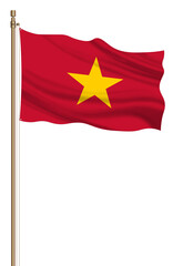 3D Flag of Vietnam on a pillar blown away isolated on a white background.