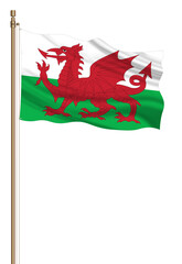 3D Flag of Wales on a pillar blown away isolated on a white background.