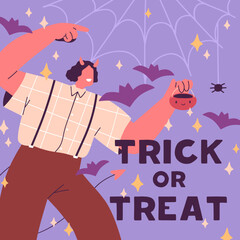 Halloween card design. Trick or Treat postcard template for October holiday. Happy Helloween square background with web, spiders, bats and monster man with cauldron. Colored flat vector illustration