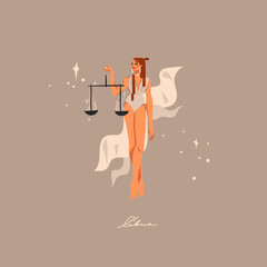 Hand drawn vector abstract graphic astrology illustration with modern,artistic contemporary print template of boho zodiac sign Libra.Zodiac adult female character design.Fashion magic symbol concept.