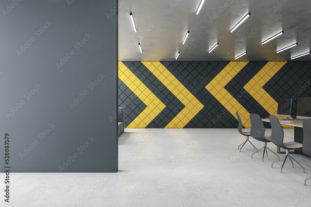 Poster modern designer coworking office interior with furniture and empty mock up place on wall. 3d renderi