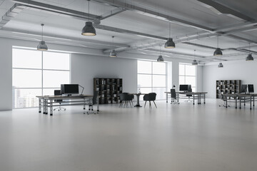 Light white concrete coworking office interior with furniture, bookcase, window with city view. 3D Rendering.