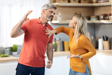 Emotional spouses having fight at kitchen, shouting and gesturing