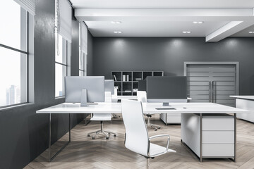 Luxury simple wooden and concrete coworking office interior with furniture, bookcase, window with city view. 3D Rendering.