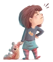 Fotobehang Illustration of little girl angry with teddy bear © cirodelia