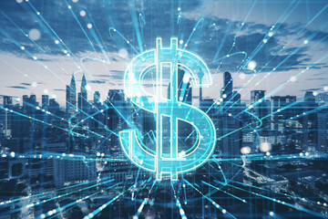 Creative glowing dollar hologram with metaverse lines on blurry blue city backdrop. Money, online...