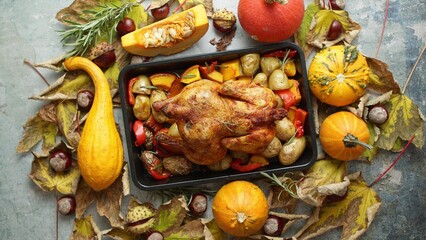 Roasted turkey or chicken with thyme served on black baking dish with potatoes, pumpkins