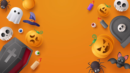 Halloween Sale Banner With Scary Element Background. Vector 3D Illustration