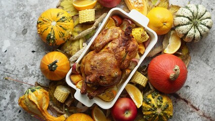 Roasted turkey or chicken with thyme served on black baking dish with potatoes, pumpkins