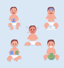Moods of baby boy semi flat color characters set.  Full body people expressions. Simple cartoon style illustration for web graphic design and animation pack