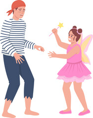 Father and daughter having fun semi flat color raster characters. Full body people on white. Costume game simple cartoon style illustration for web graphic design and animation