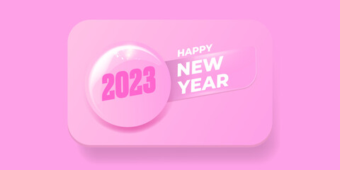 Pink 2023 Happy new year horizontal banner background and 2023 greeting card with text. vector 2023 new year sticker, label, icon, logo and badge isolated on winter stylish pastel pink background