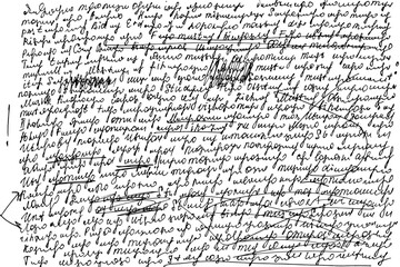 Grunge texture of unreadable handwritten text with strikethrough, corrections, written carelessly in ink. Illegible handwriting. Vector illustration. Overlay template.
