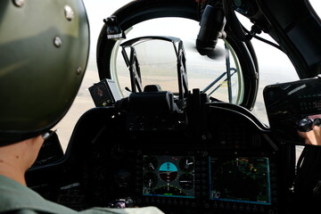 Almaty / Kazakhstan - 08.25.2020 : The pilot of a military helicopter.