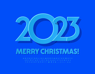 Vector stylish GreetingCcard Merry Christmas 2023. Modern Uppercase Font. Bright Blue Alphabet Letters and Numbers. 