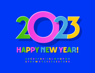 Vector colorful Greeting Card Happy New Year 2023I Bright elegant Font. Creative Alphabet Letters, Numbers and Symbols for Kids.